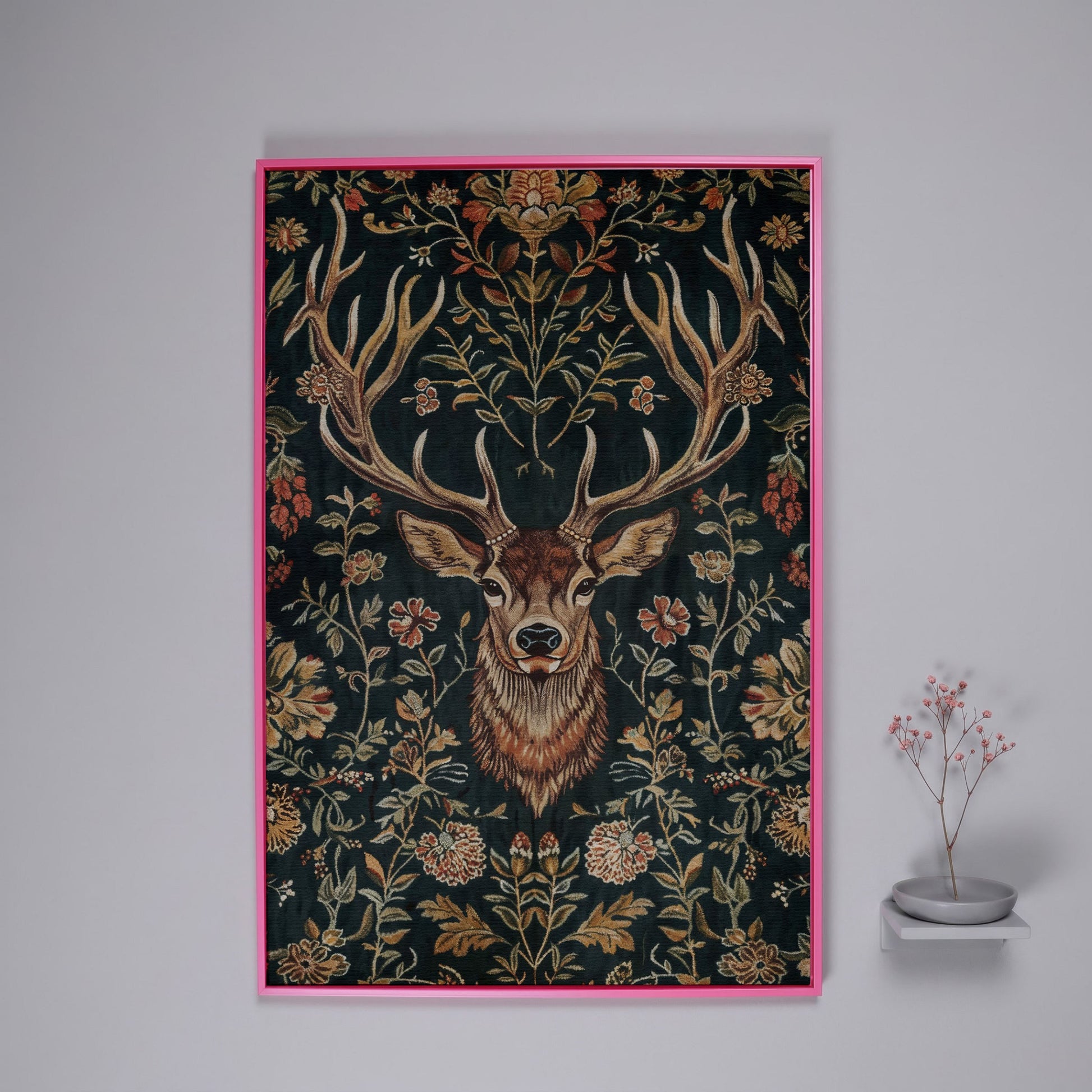 Majestic Deer with Floral Canvas Art in pink floating frame