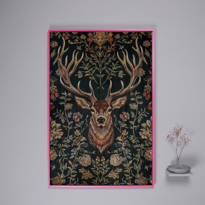 Majestic Deer with Floral Canvas Art in pink floating frame