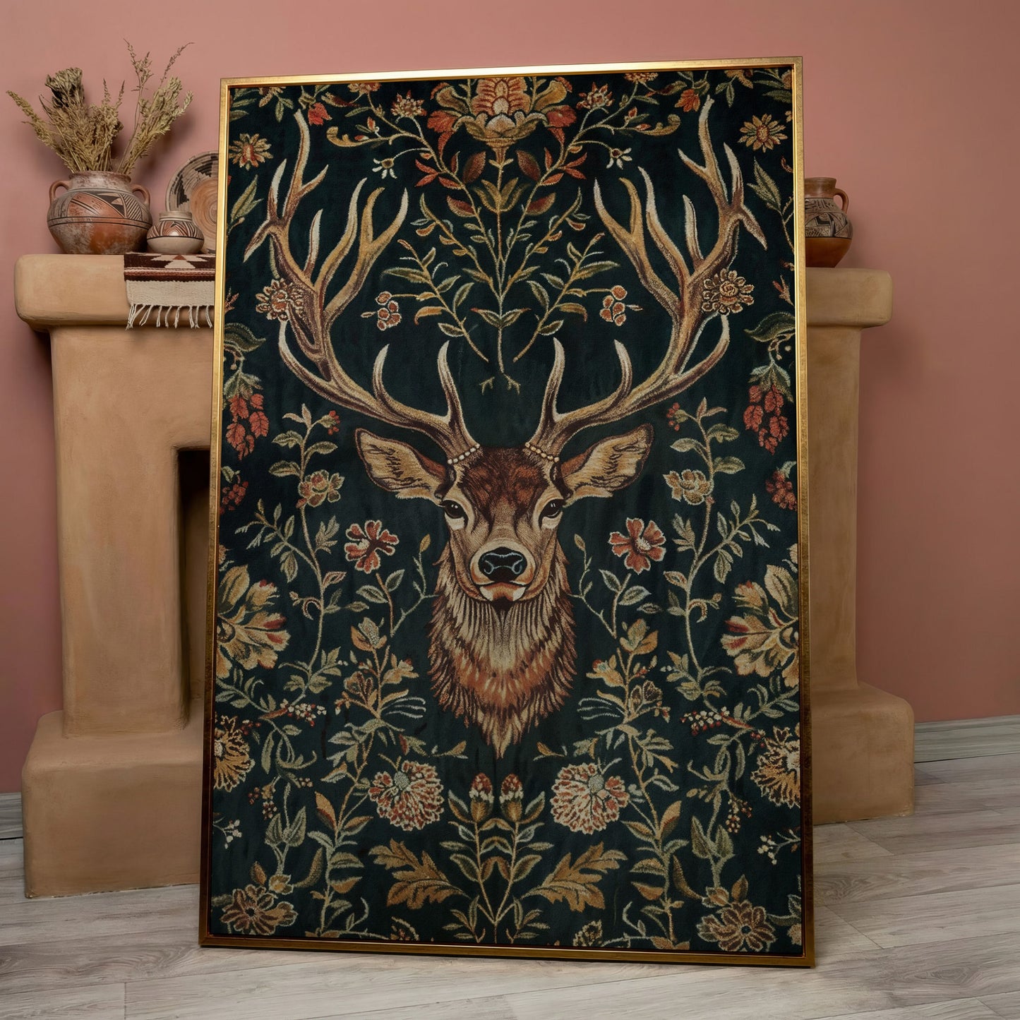 Majestic Deer with Floral Canvas Art in rose gold floating frame