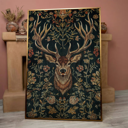 Majestic Deer with Floral Canvas Art in rose gold floating frame