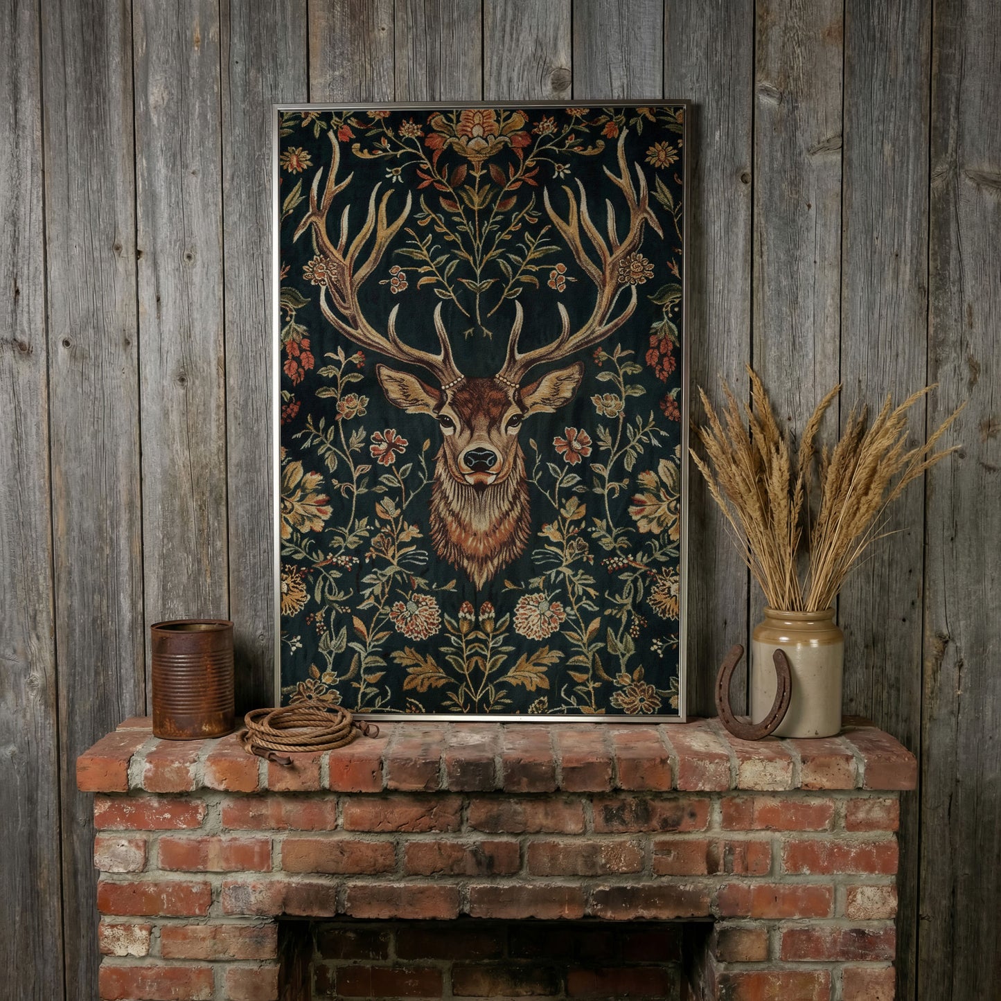 Majestic Deer with Floral Canvas Art in silver floating frame
