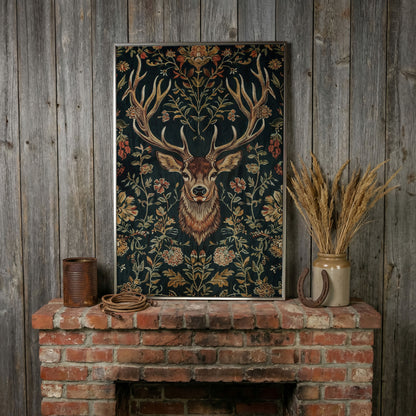 Majestic Deer with Floral Canvas Art in silver floating frame