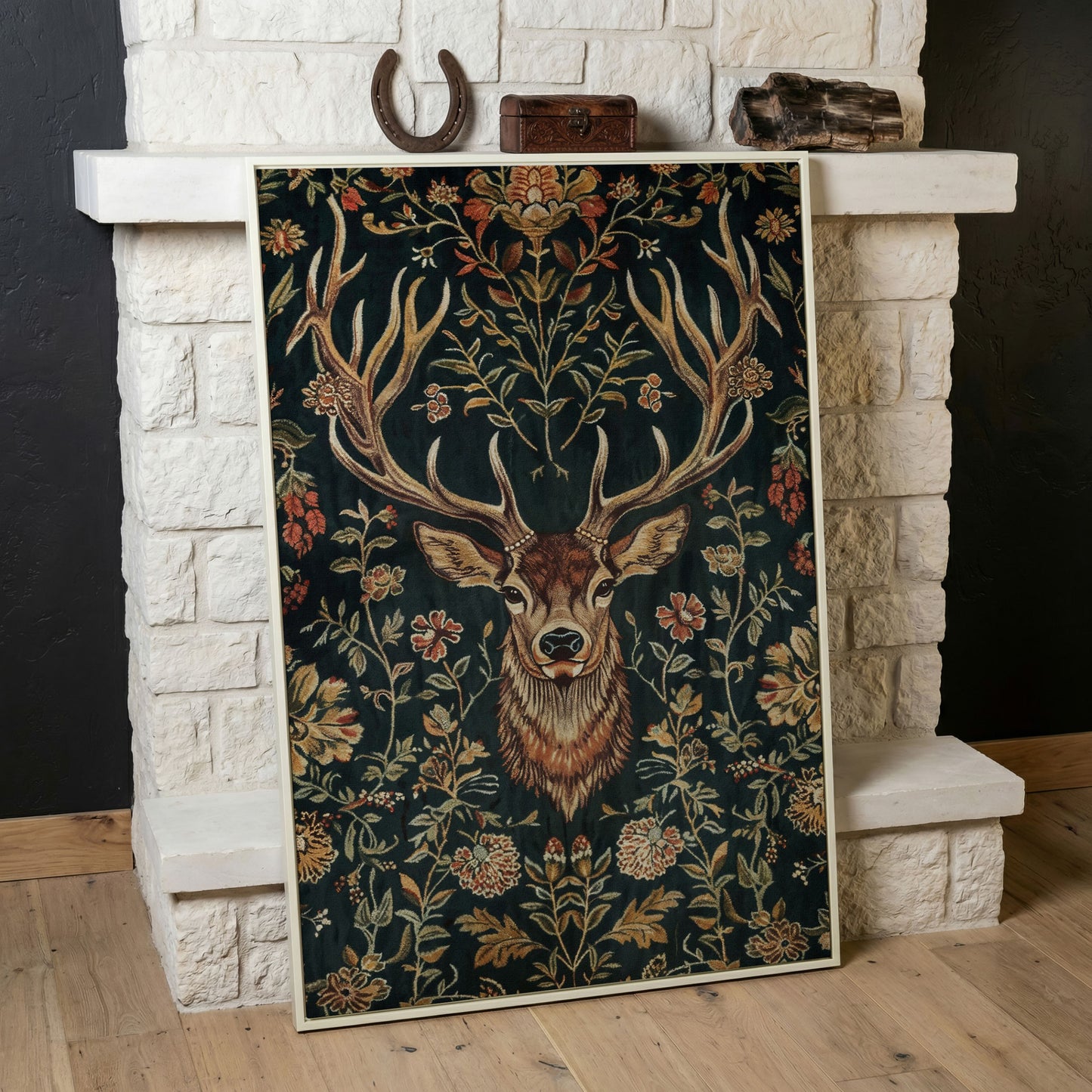 Majestic Deer with Floral Canvas Art in white floating frame