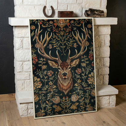 Majestic Deer with Floral Canvas Art in white floating frame