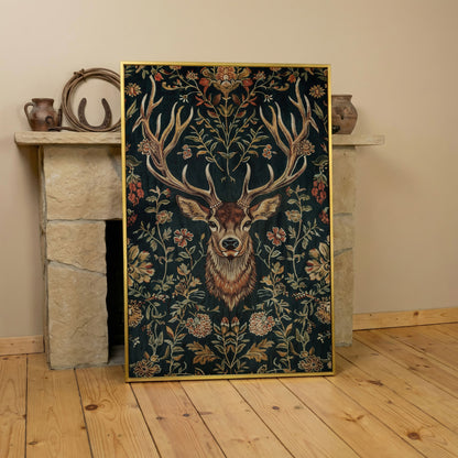 Majestic Deer with Floral Canvas Art in yellow gold floating frame