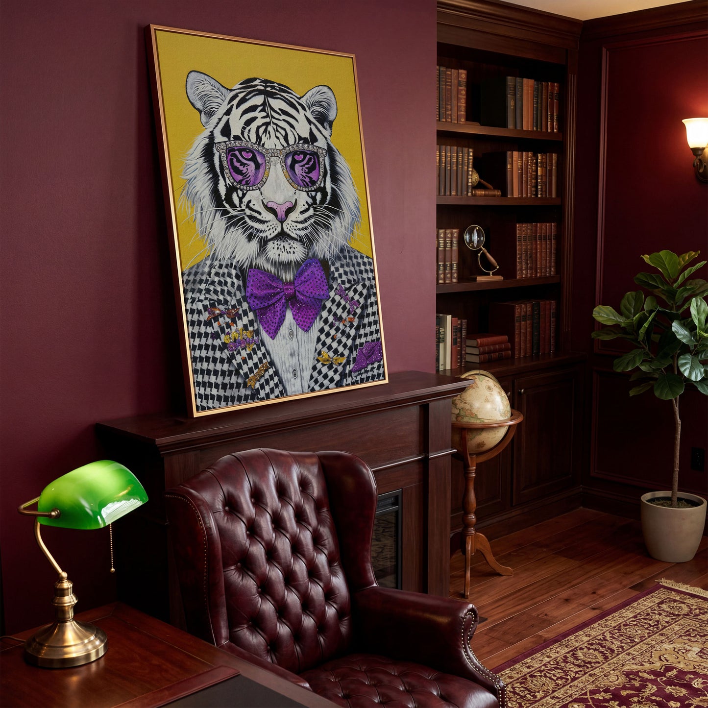 Fashion Tiger in Suit Canvas Print in antique gold floating frame
