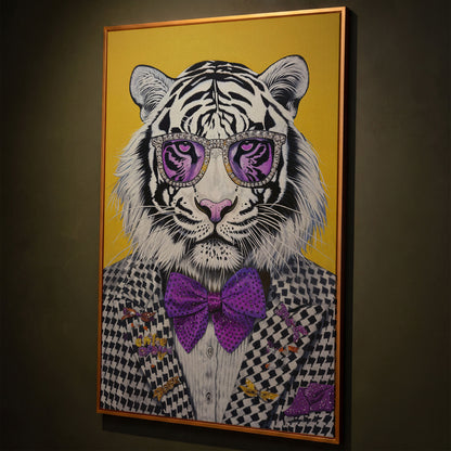 Fashion Tiger in Suit Canvas Print shown in antique gold floating frame