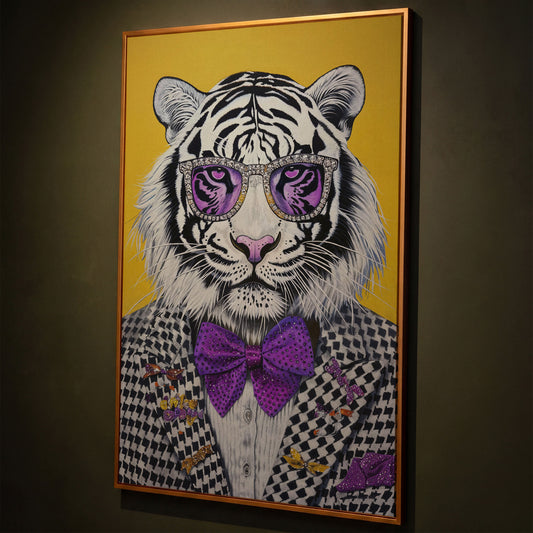 Fashion Tiger in Suit Canvas Print shown in antique gold floating frame