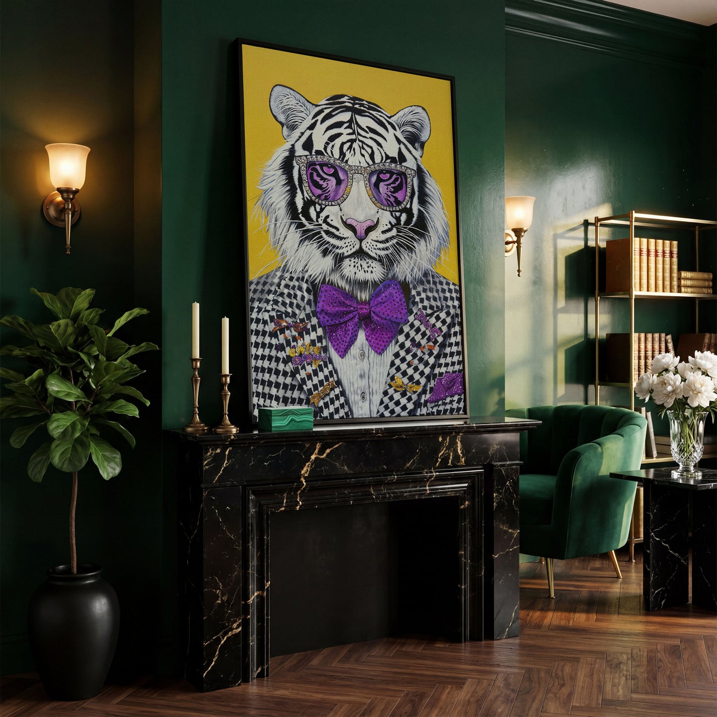 Fashion Tiger in Suit Canvas Print in black floating frame