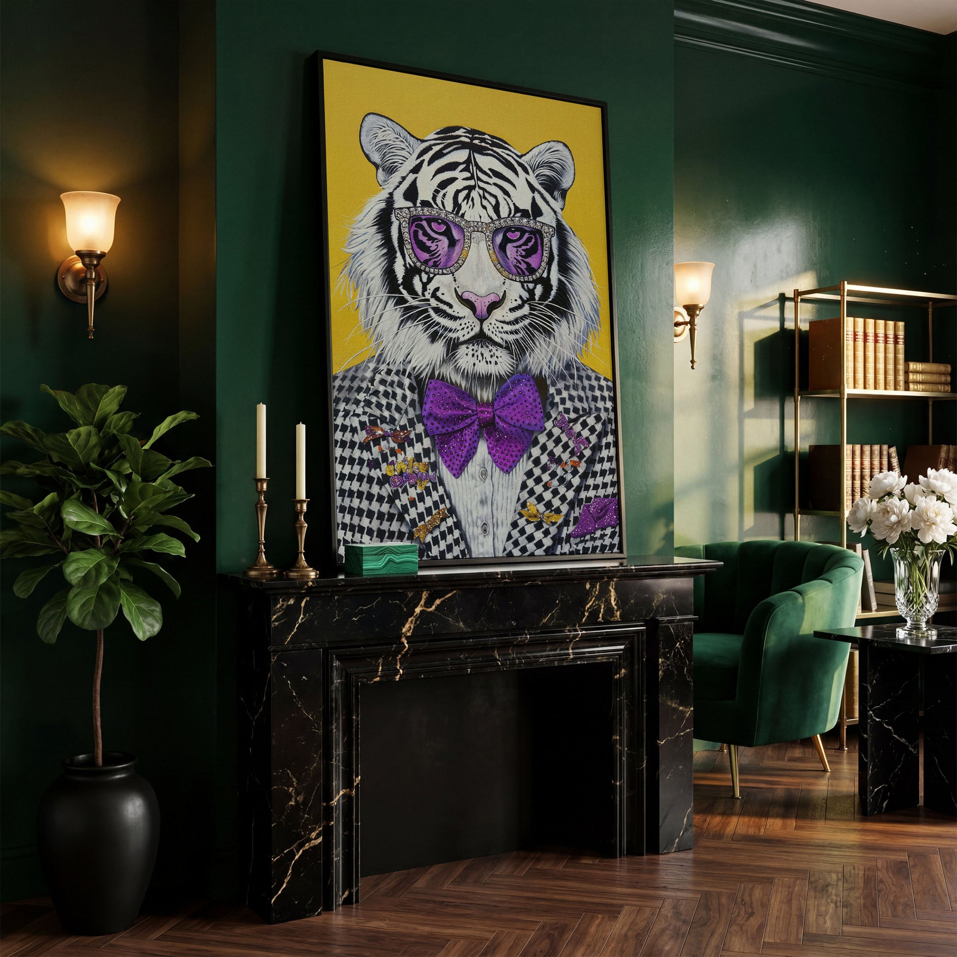 Fashion Tiger in Suit Canvas Print in black floating frame