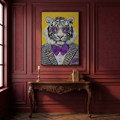 Fashion Tiger in Suit Canvas Print in dark walnut floating frame