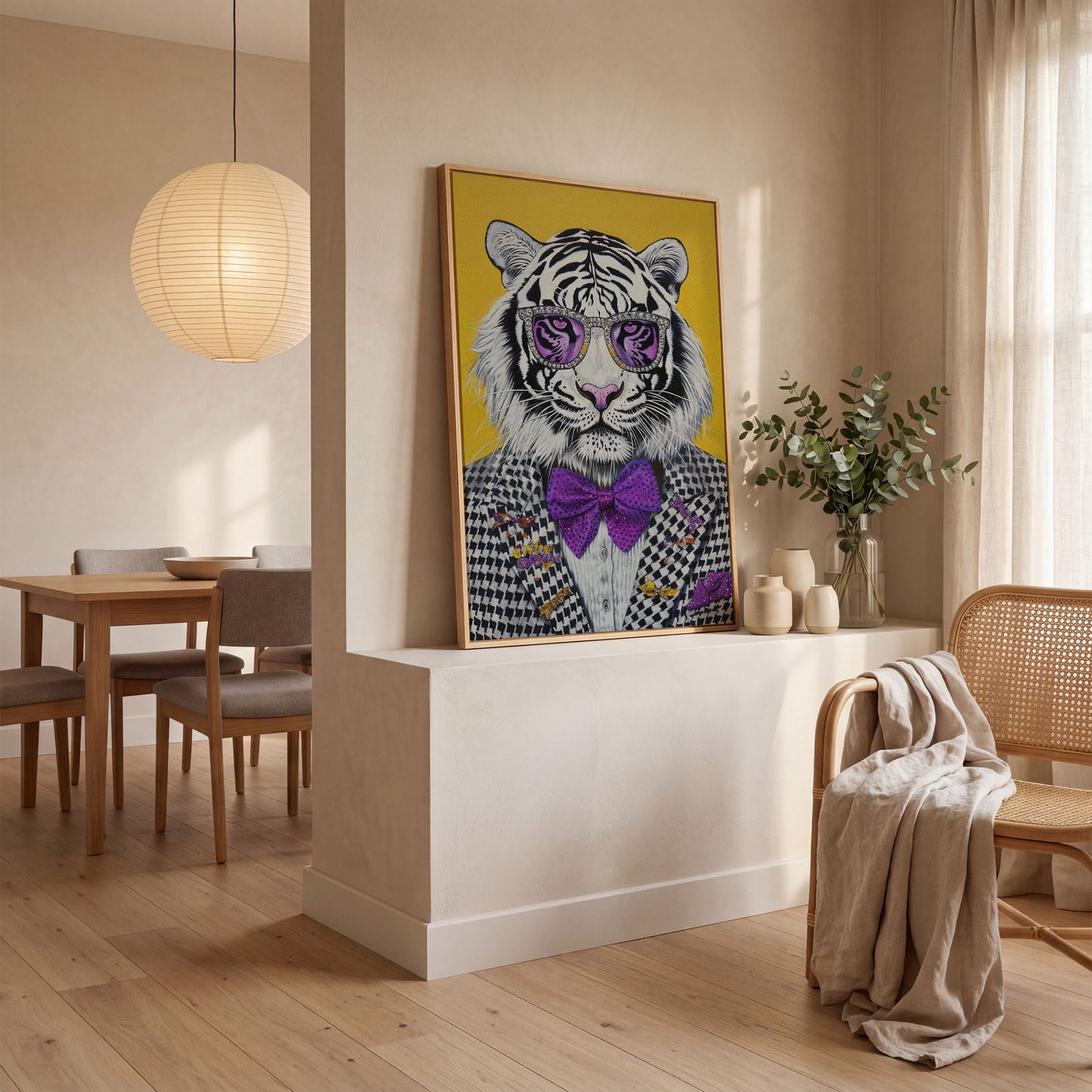 Fashion Tiger in Suit Canvas Print in white oak floating frame