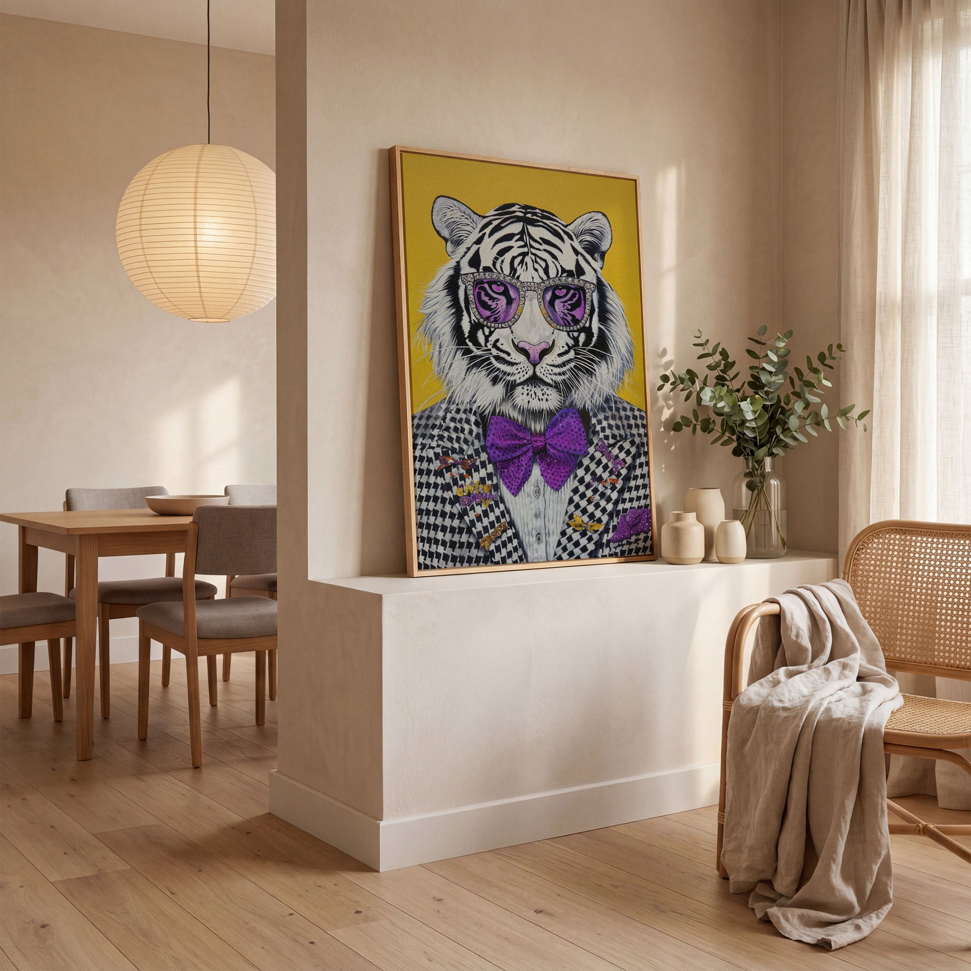 Fashion Tiger in Suit Canvas Print in white oak floating frame