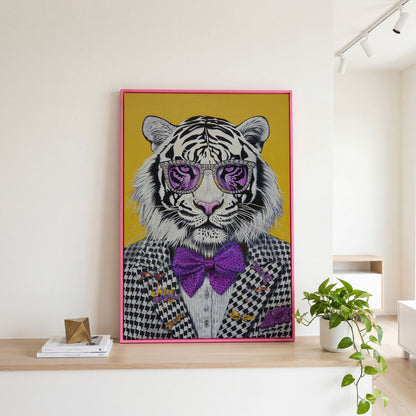 Fashion Tiger in Suit Canvas Print in pink floating frame