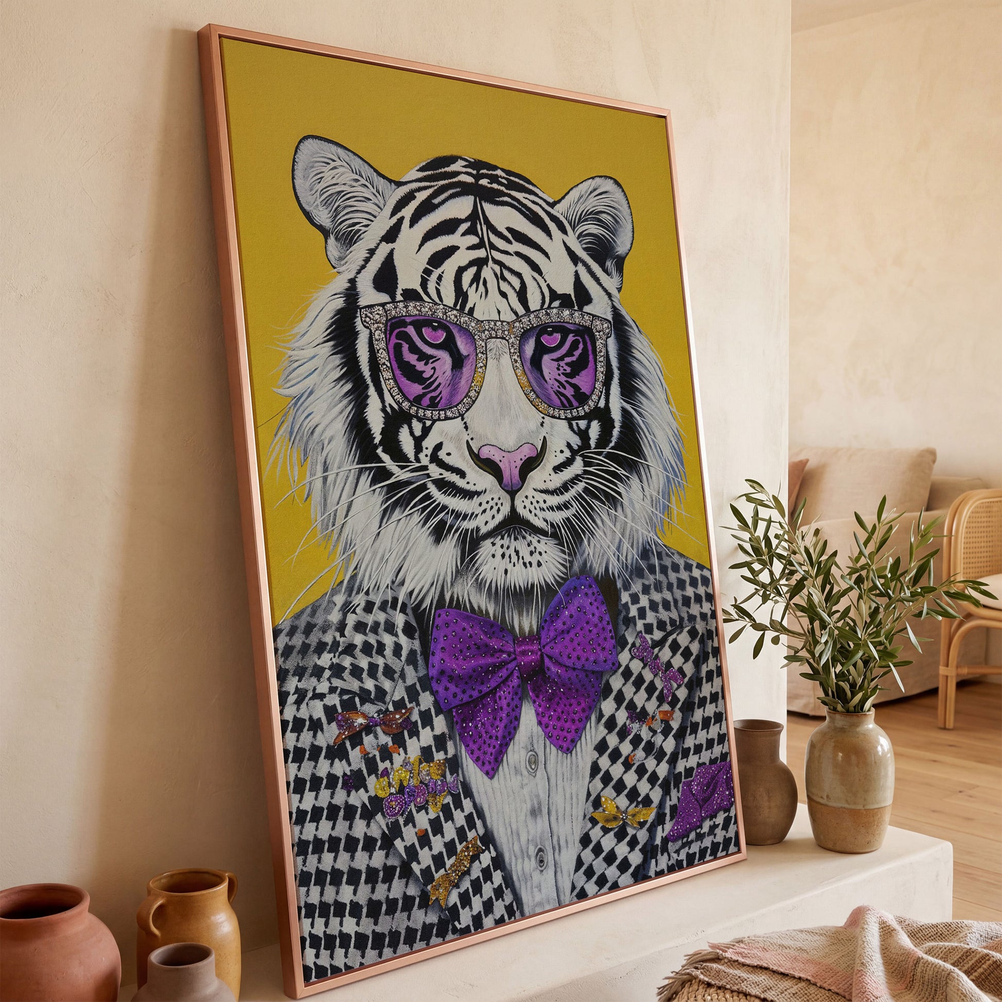 Fashion Tiger in Suit Canvas Print in rose gold floating frame