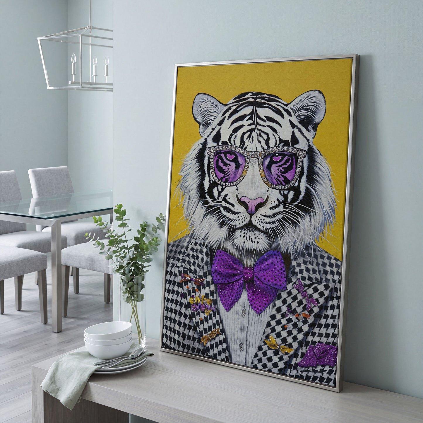 Fashion Tiger in Suit Canvas Print in silver floating frame