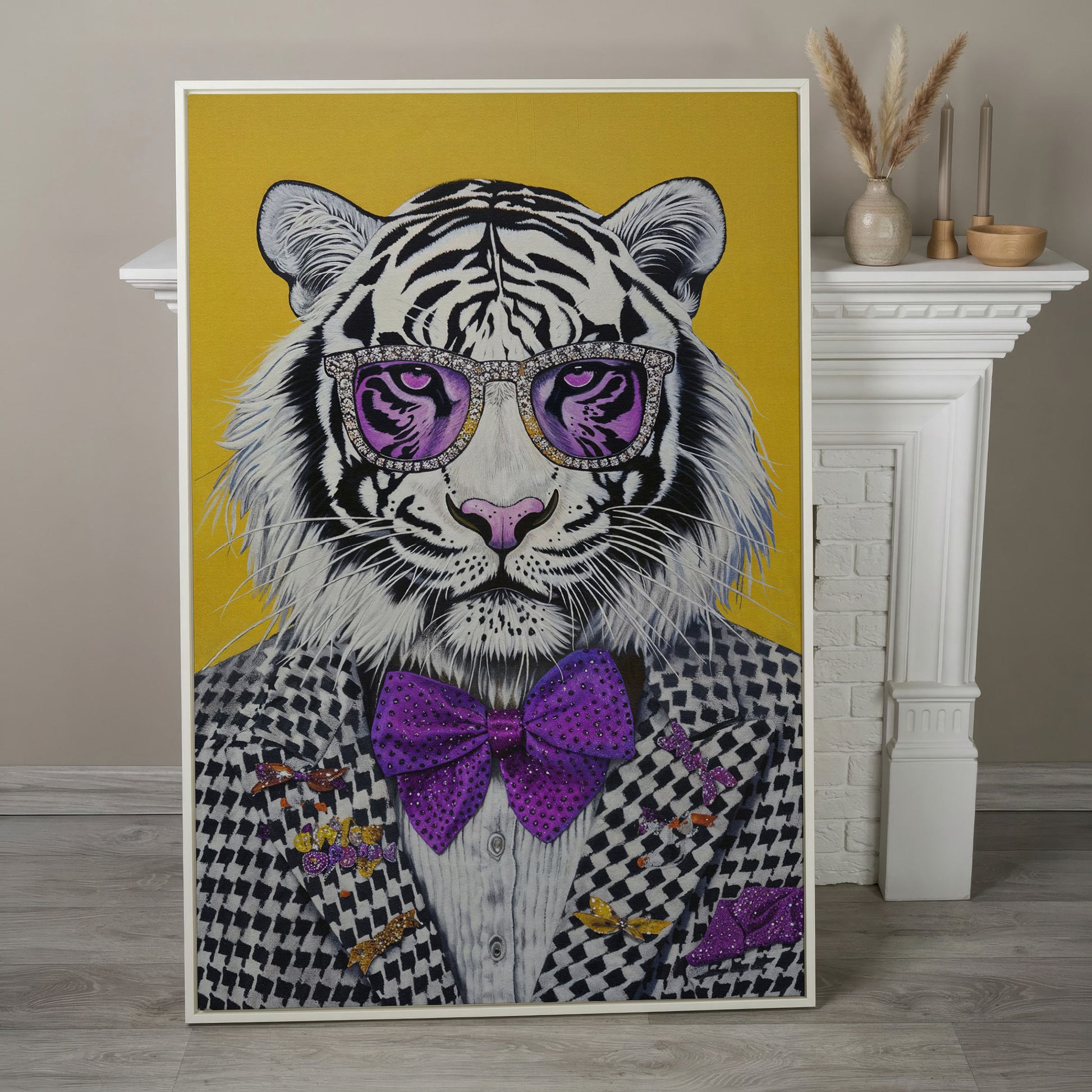 Fashion Tiger in Suit Canvas Print in white floating frame