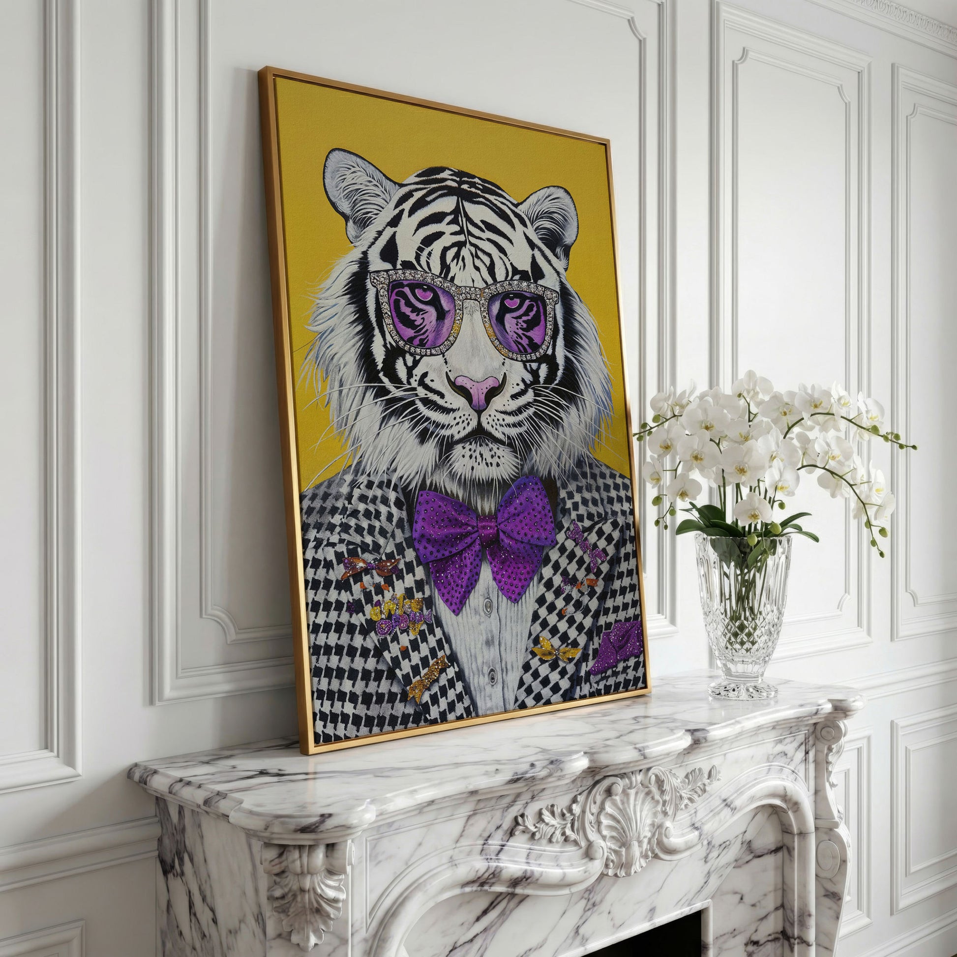 Fashion Tiger in Suit Canvas Print in yellow gold floating frame