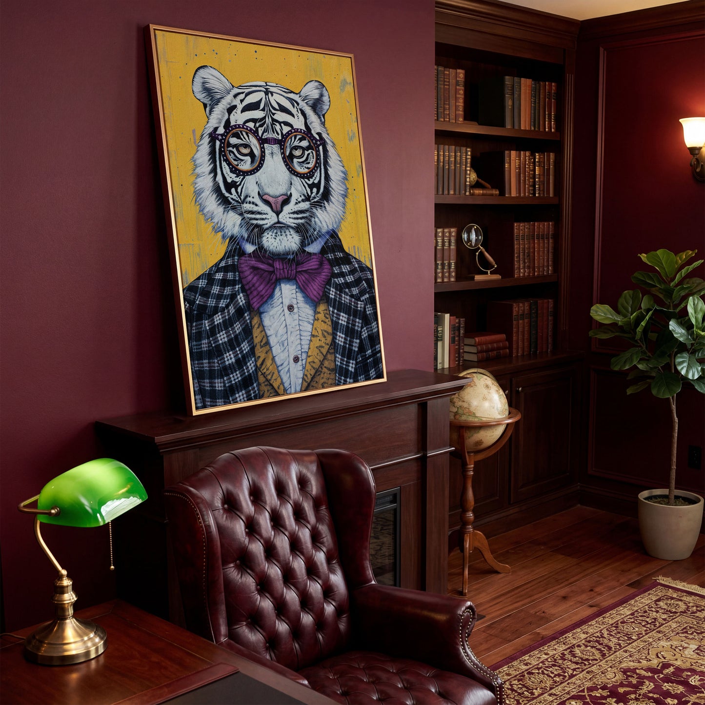 Anthropomorphic Tiger in Bow Tie Canvas in antique gold floating frame