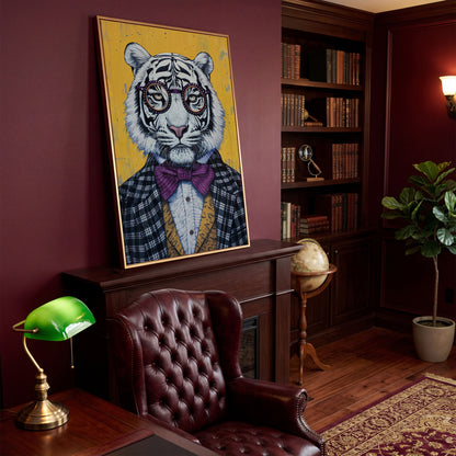 Anthropomorphic Tiger in Bow Tie Canvas in antique gold floating frame