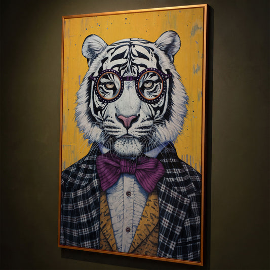 Anthropomorphic Tiger in Bow Tie Canvas shown in antique gold floating frame