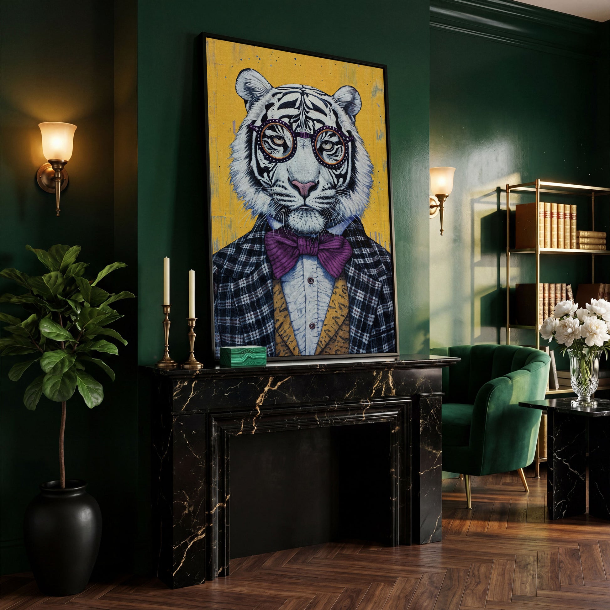 Anthropomorphic Tiger in Bow Tie Canvas in black floating frame