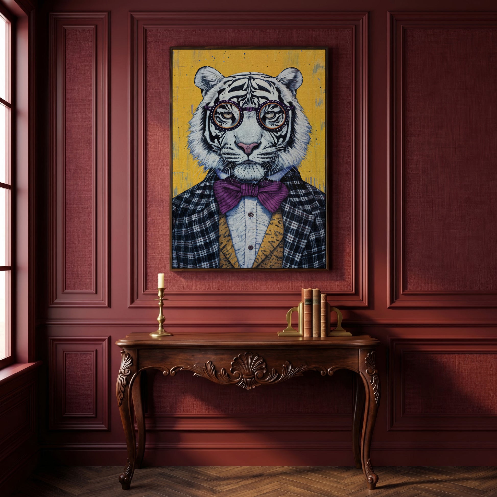Anthropomorphic Tiger in Bow Tie Canvas in dark walnut floating frame