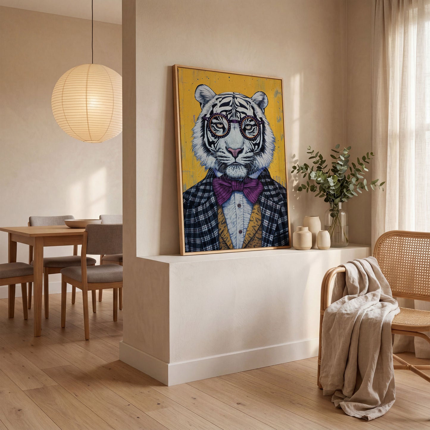 Anthropomorphic Tiger in Bow Tie Canvas in white oak floating frame