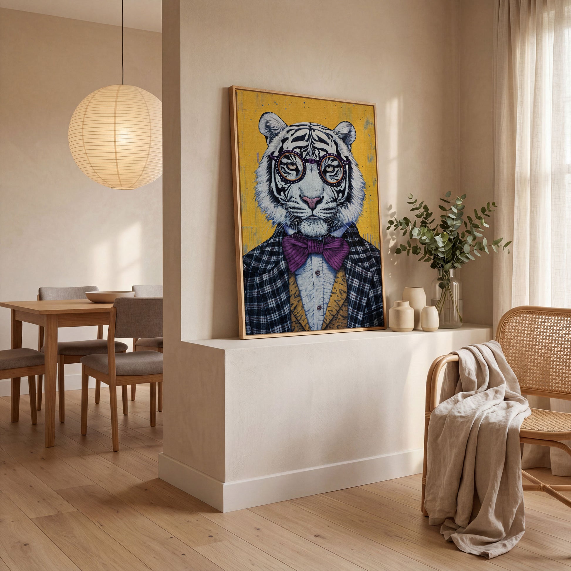 Anthropomorphic Tiger in Bow Tie Canvas in white oak floating frame