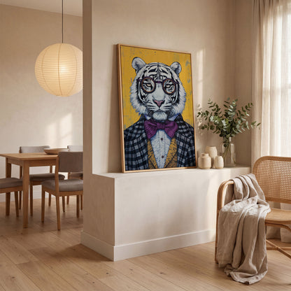 Anthropomorphic Tiger in Bow Tie Canvas in white oak floating frame