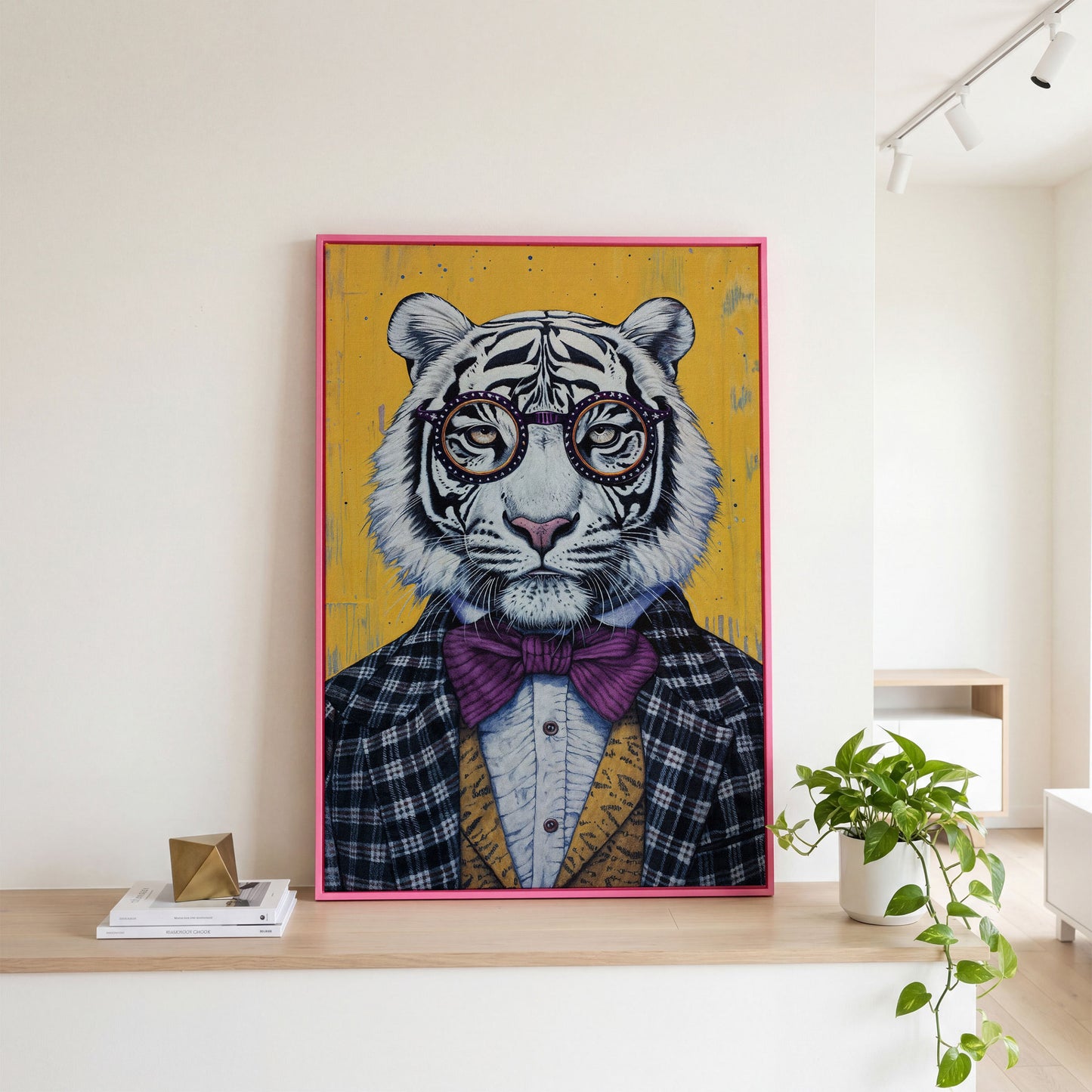 Anthropomorphic Tiger in Bow Tie Canvas in pink floating frame