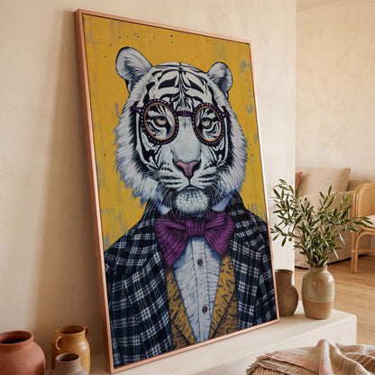 Anthropomorphic Tiger in Bow Tie Canvas in rose gold floating frame