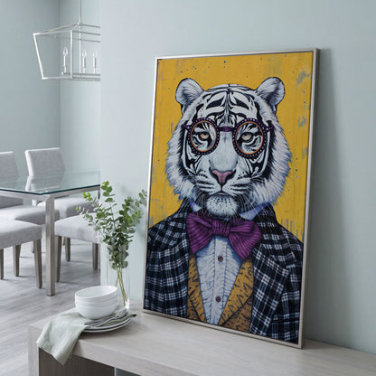 Anthropomorphic Tiger in Bow Tie Canvas in silver floating frame