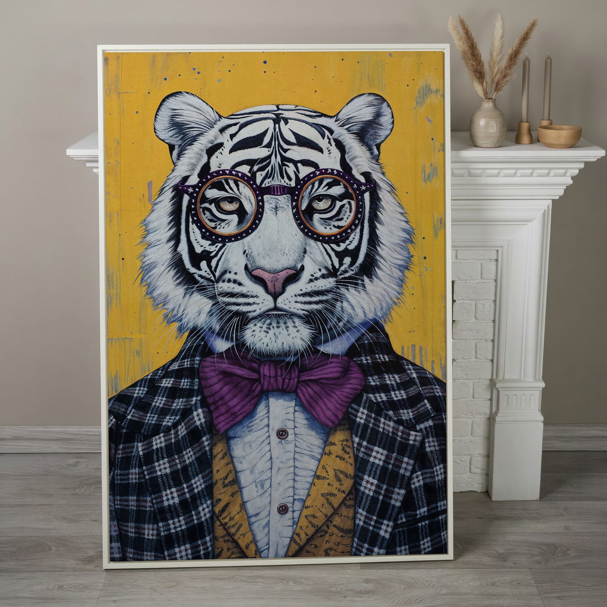 Anthropomorphic Tiger in Bow Tie Canvas in white floating frame