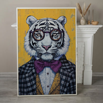 Anthropomorphic Tiger in Bow Tie Canvas in white floating frame