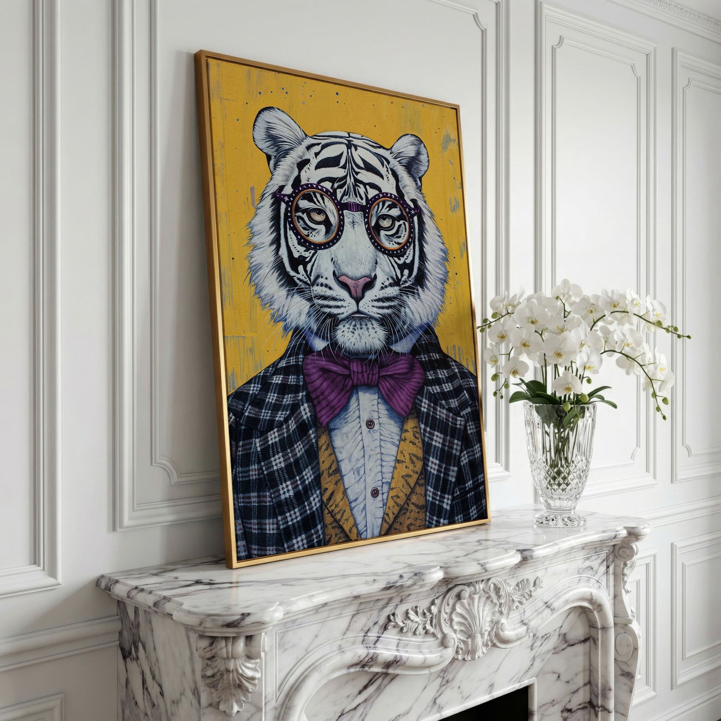 Anthropomorphic Tiger in Bow Tie Canvas in yellow gold floating frame