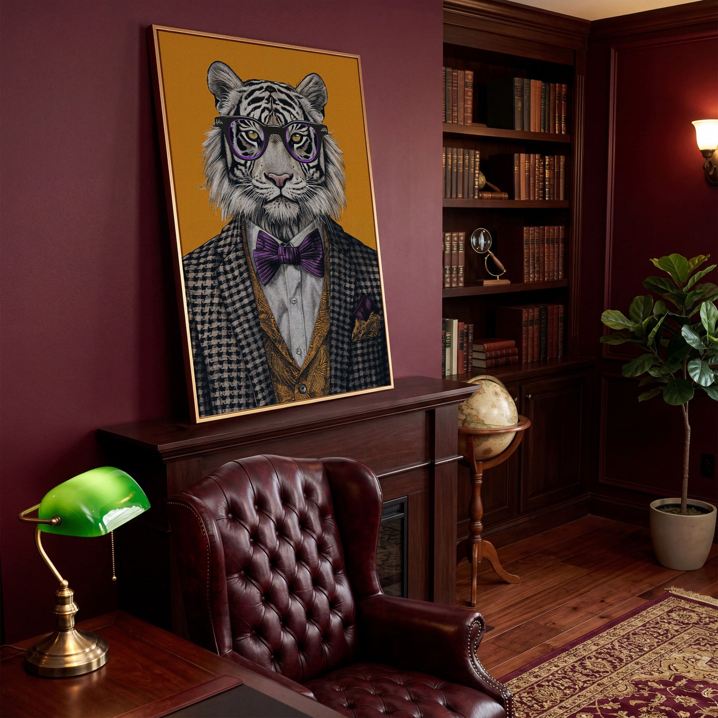 Fashionable Tiger in Glasses Canvas Print in antique gold floating frame