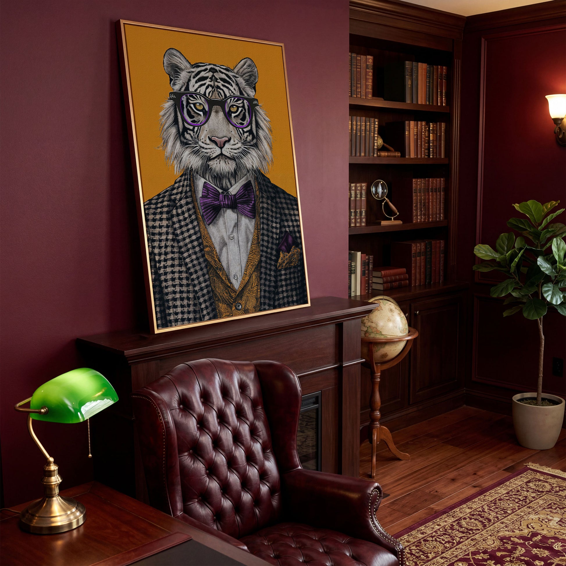Fashionable Tiger in Glasses Canvas Print in antique gold floating frame