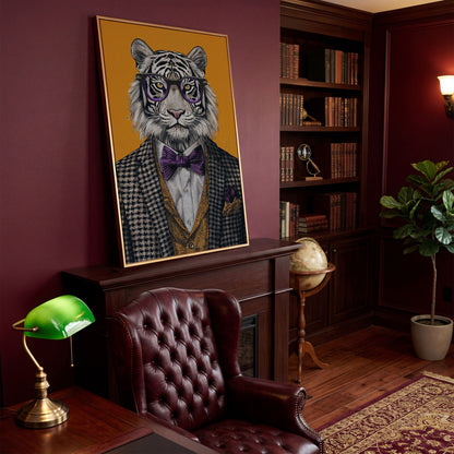 Fashionable Tiger in Glasses Canvas Print in antique gold floating frame