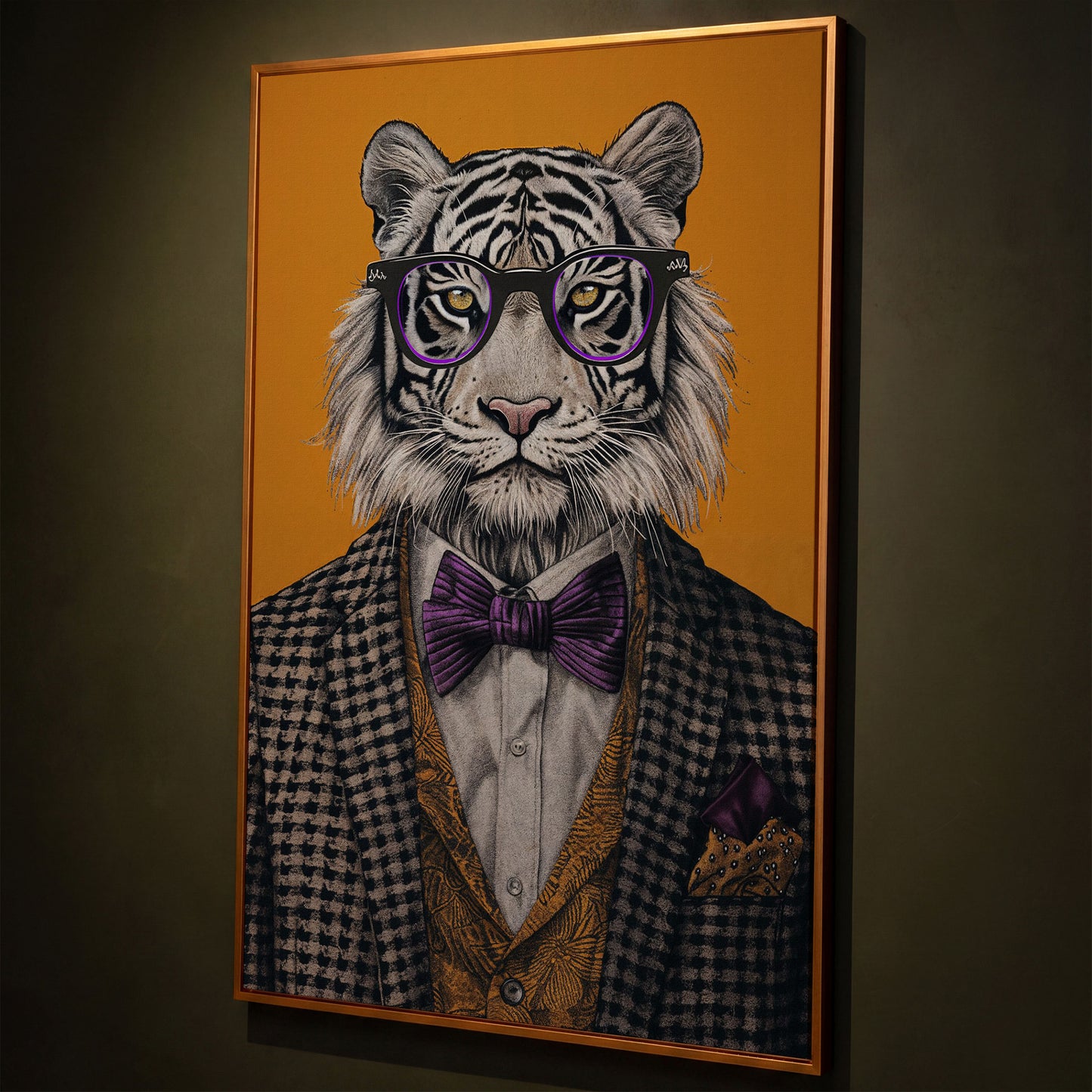 Fashionable Tiger in Glasses Canvas Print shown in antique gold floating frame