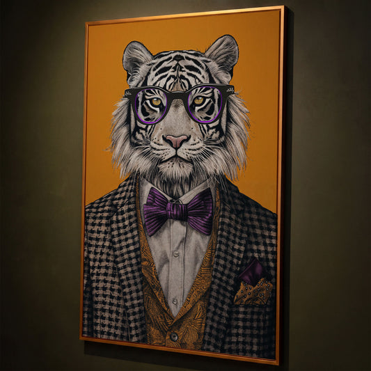 Fashionable Tiger in Glasses Canvas Print shown in antique gold floating frame