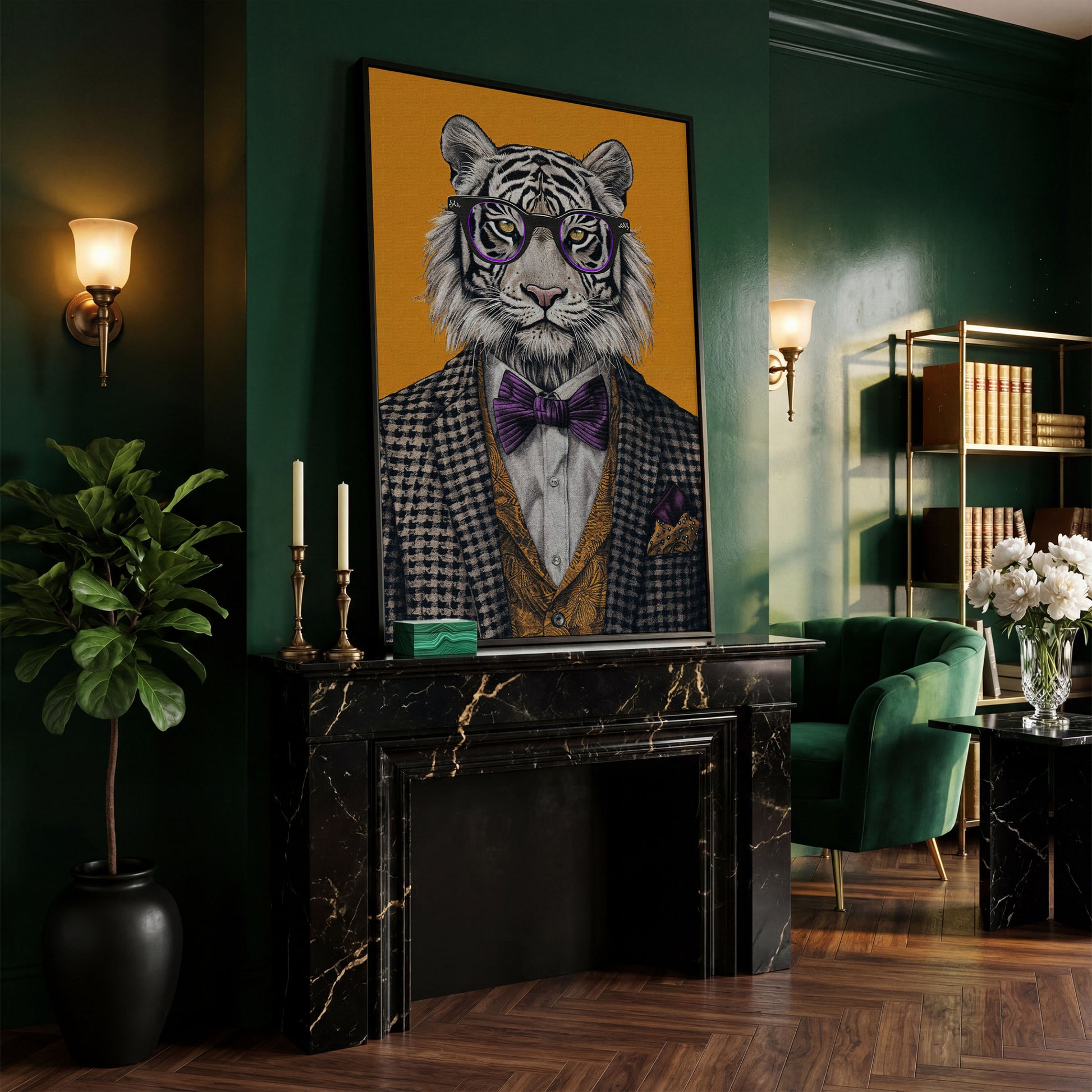 Fashionable Tiger in Glasses Canvas Print in black floating frame