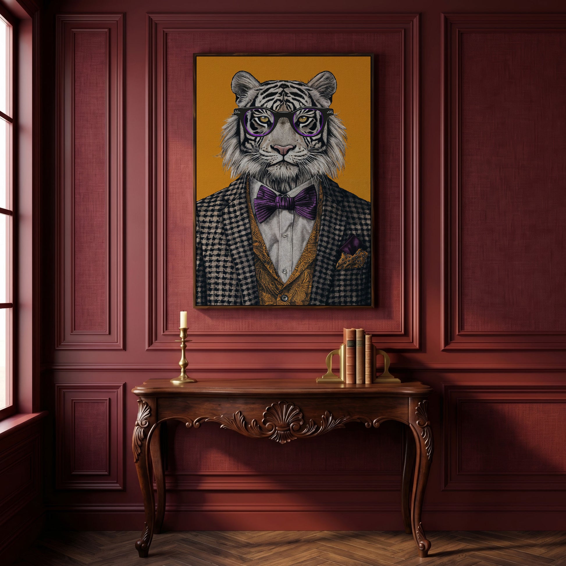Fashionable Tiger in Glasses Canvas Print in dark walnut floating frame