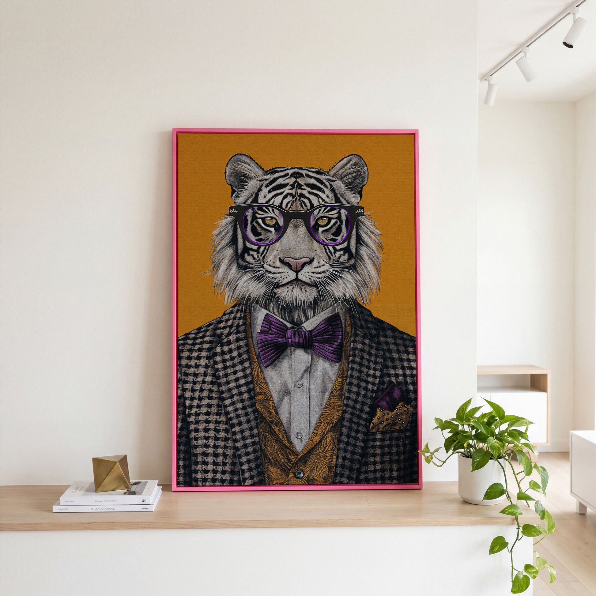 Fashionable Tiger in Glasses Canvas Print in pink floating frame