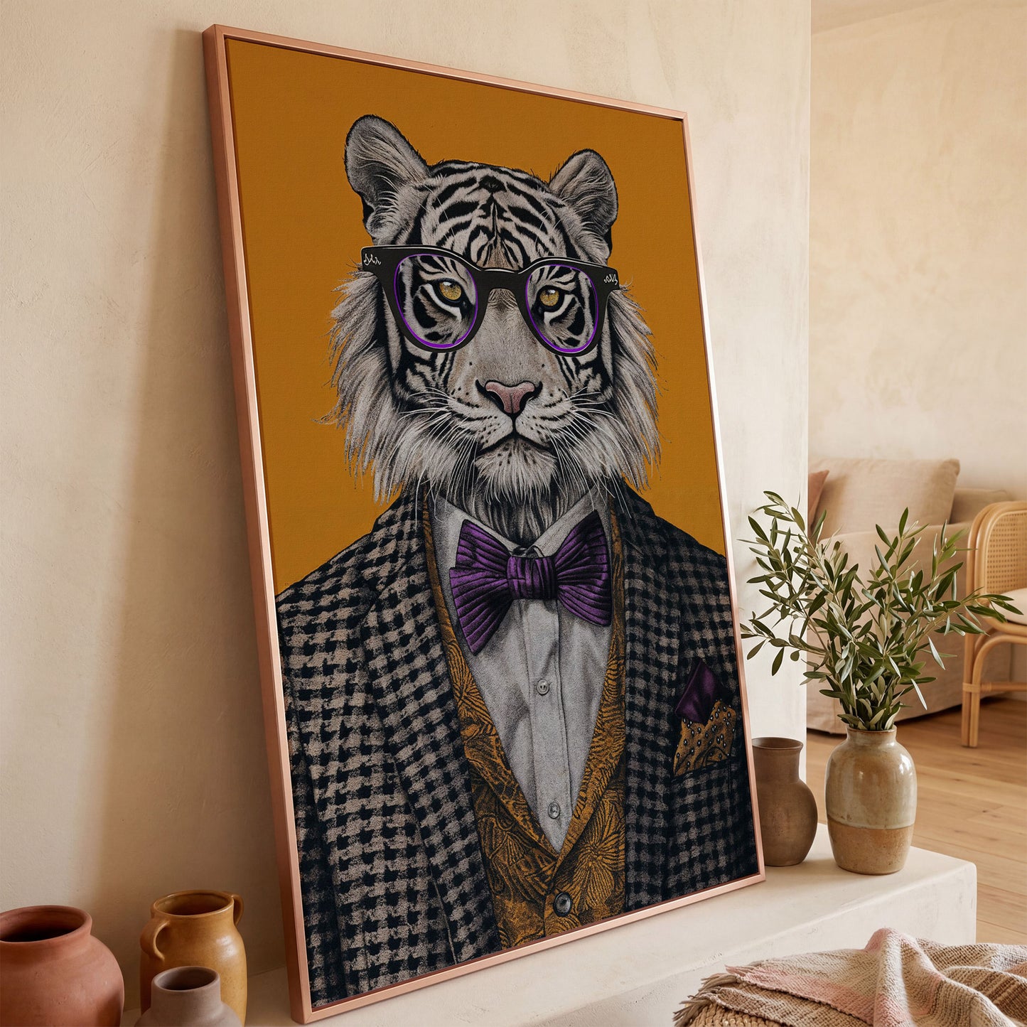 Fashionable Tiger in Glasses Canvas Print in rose gold floating frame