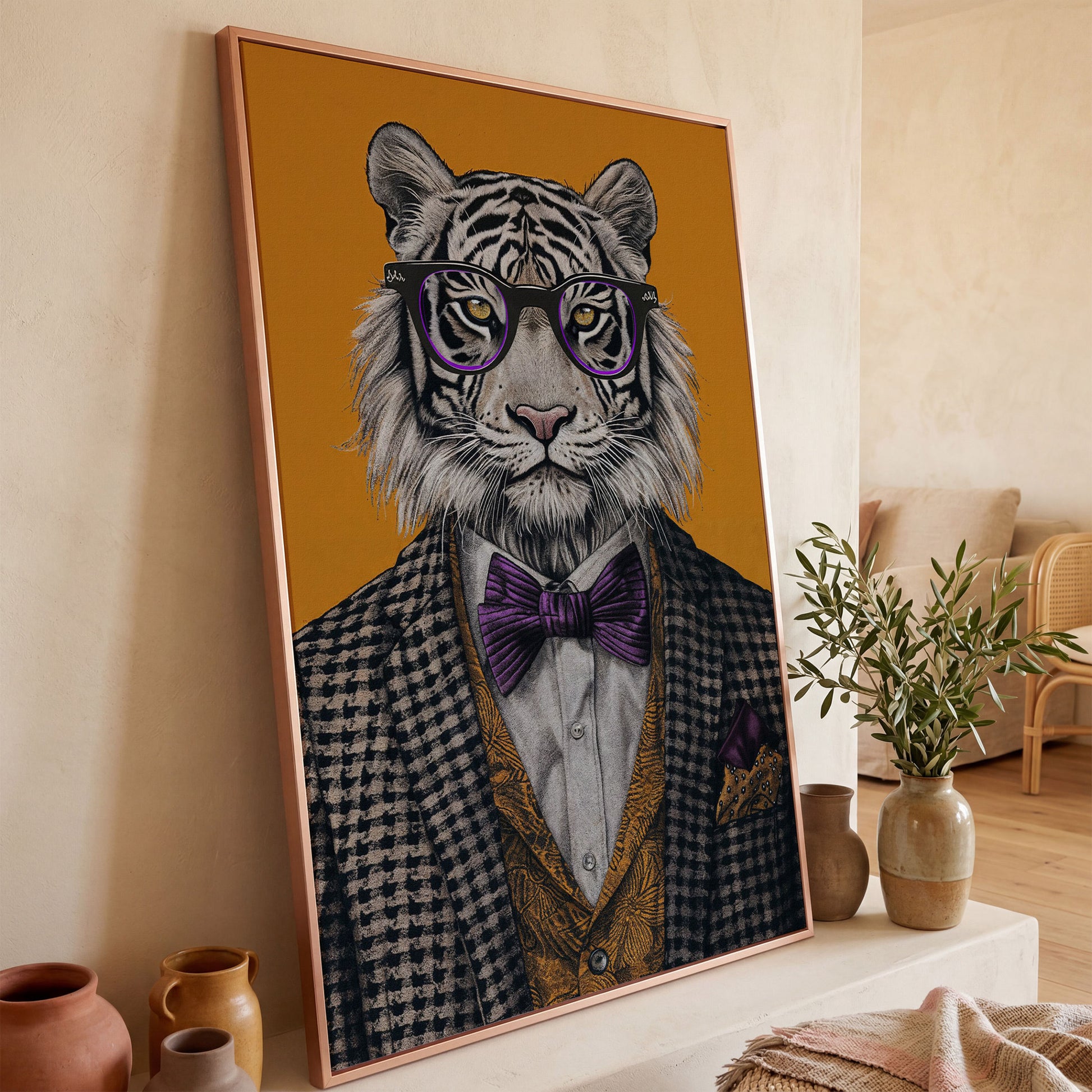 Fashionable Tiger in Glasses Canvas Print in rose gold floating frame