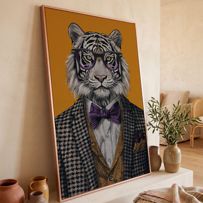 Fashionable Tiger in Glasses Canvas Print in rose gold floating frame