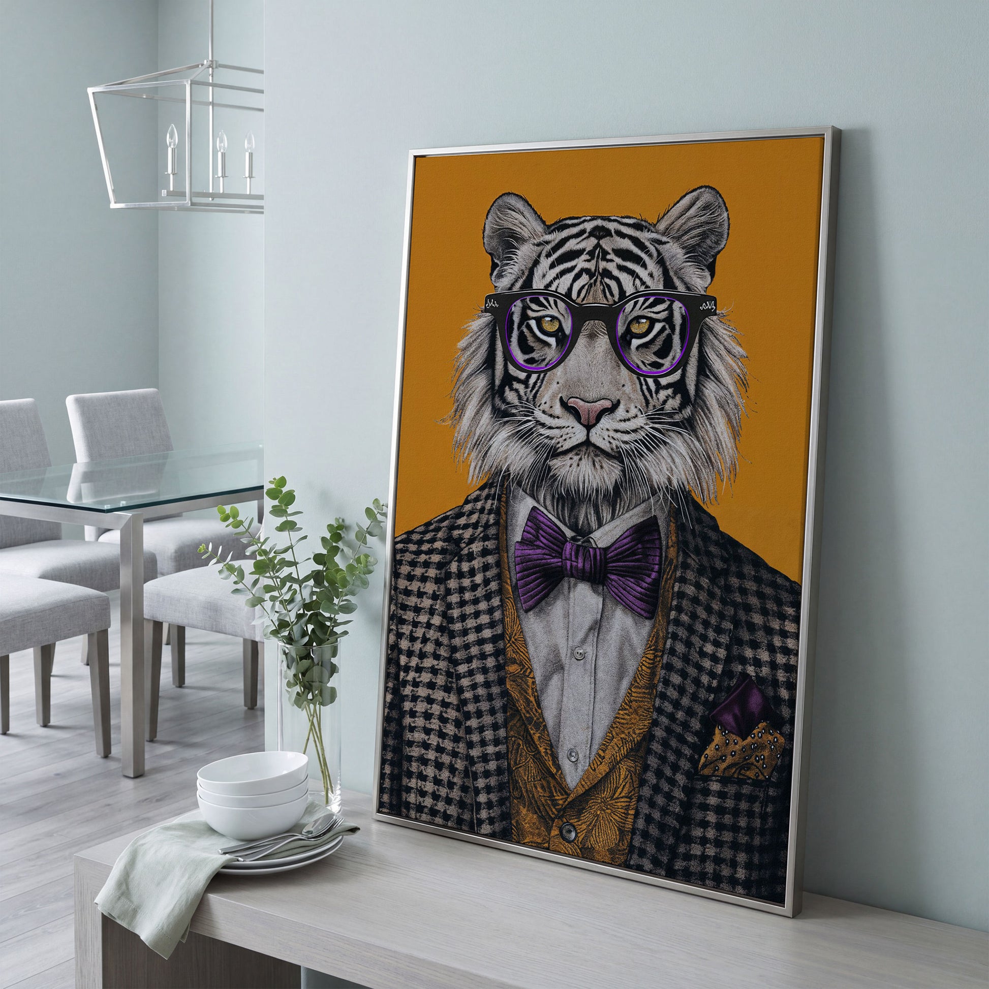 Fashionable Tiger in Glasses Canvas Print in silver floating frame