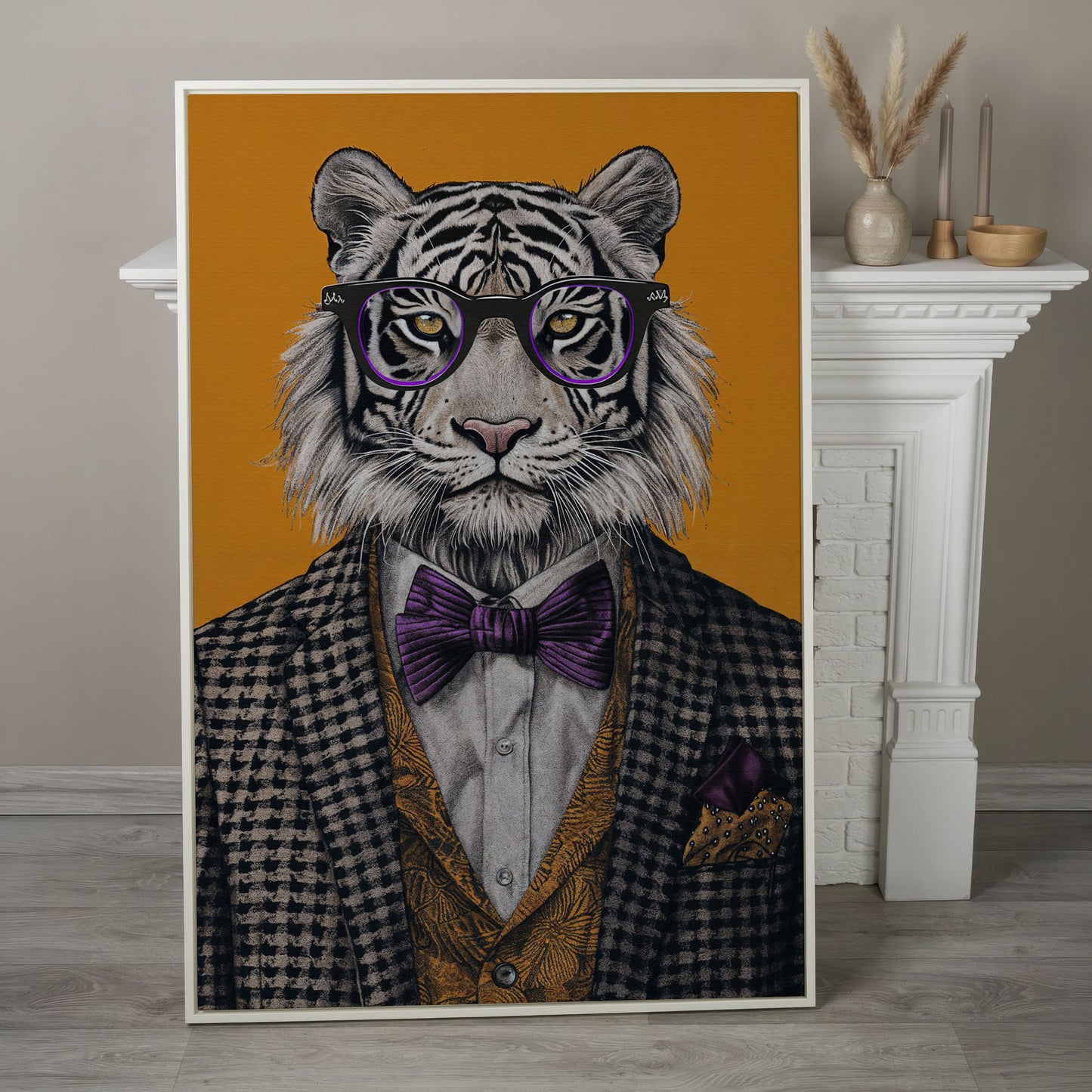 Fashionable Tiger in Glasses Canvas Print in white floating frame