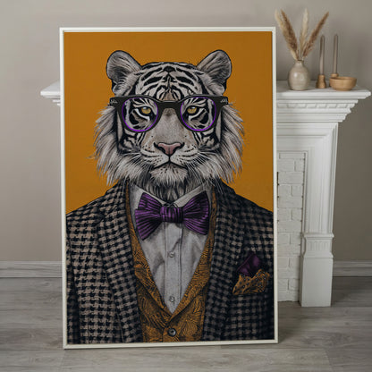 Fashionable Tiger in Glasses Canvas Print in white floating frame
